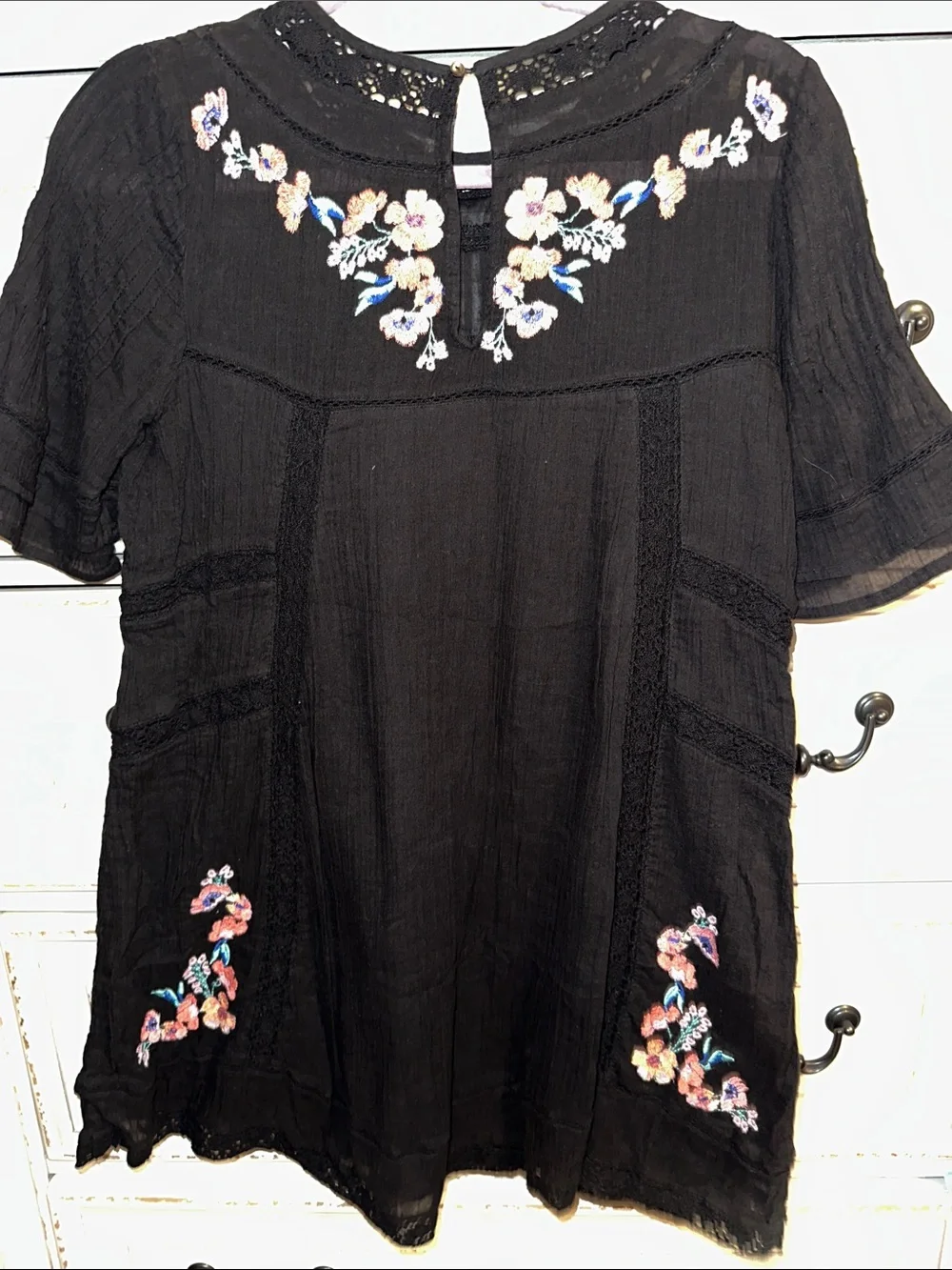 Free People Black Short-Sleeve Tunic with Multicolor Floral Embroidery
